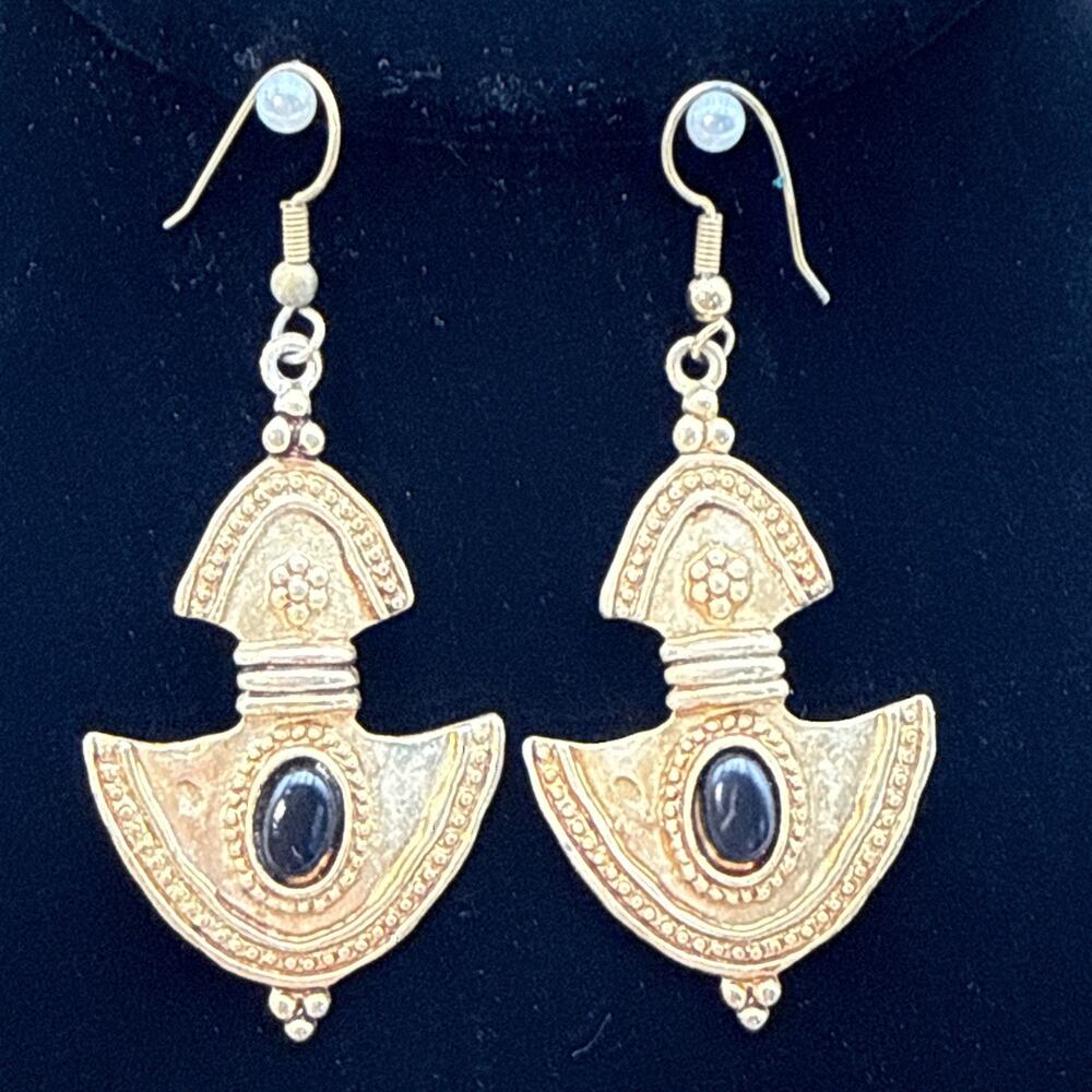 Vintage JJ Jonette Jewelry Gold Tone Shield Ethnic Tribal-inspired Dangler